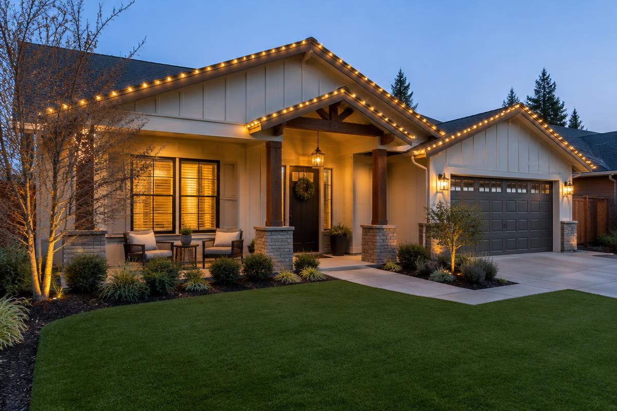 Illustrative house with seasonal exterior lighting